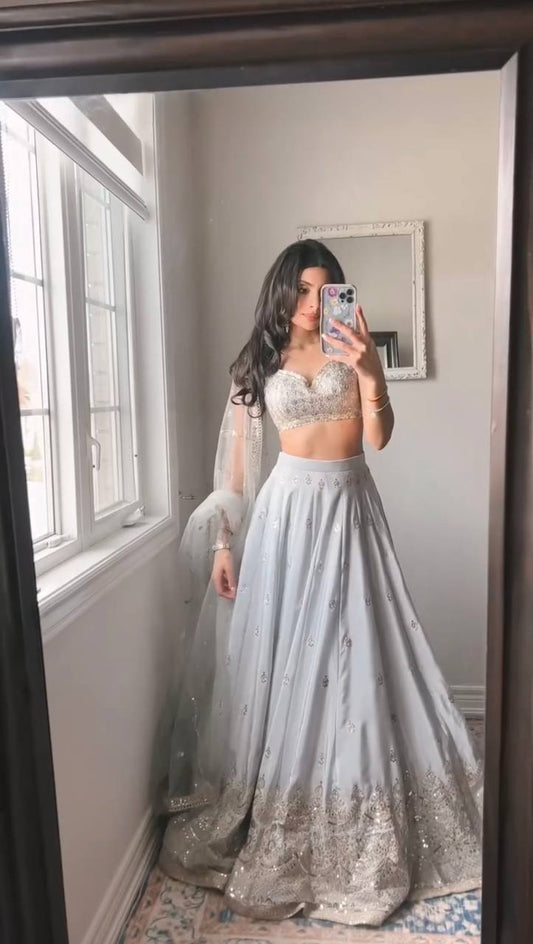 Silver Mist Japan Satin Lehenga Set