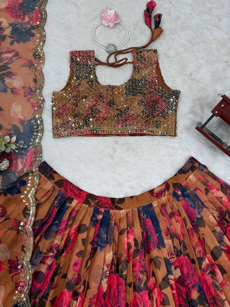 Autumn Bloom Digital Print Lehenga with Statement Organza Drape