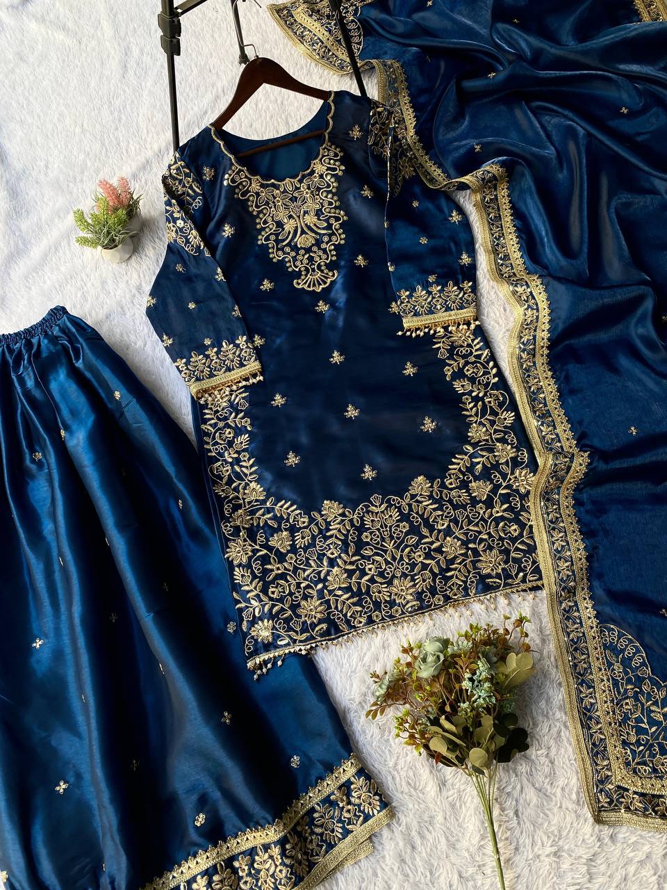 Navy Blue Partywear Plazo Set for Women | Elegant Embroidered Outfit