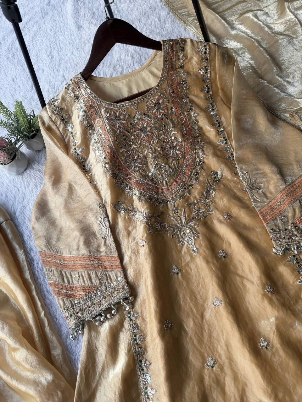 Antique Gold Salwar Set with Heritage-Inspired Sequence Detailing