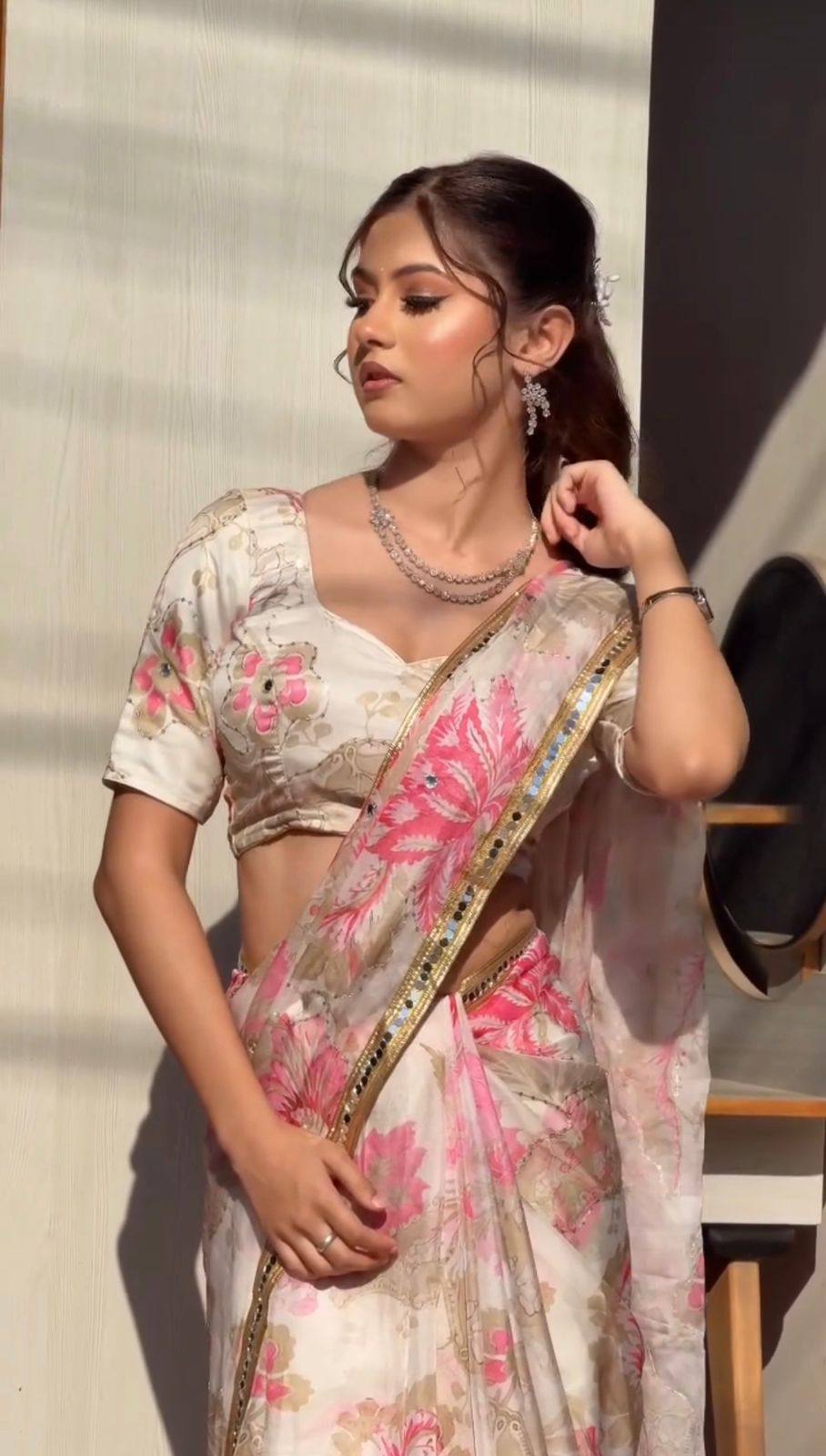 Floral Tabby Silk Saree with Unstitched Blouse