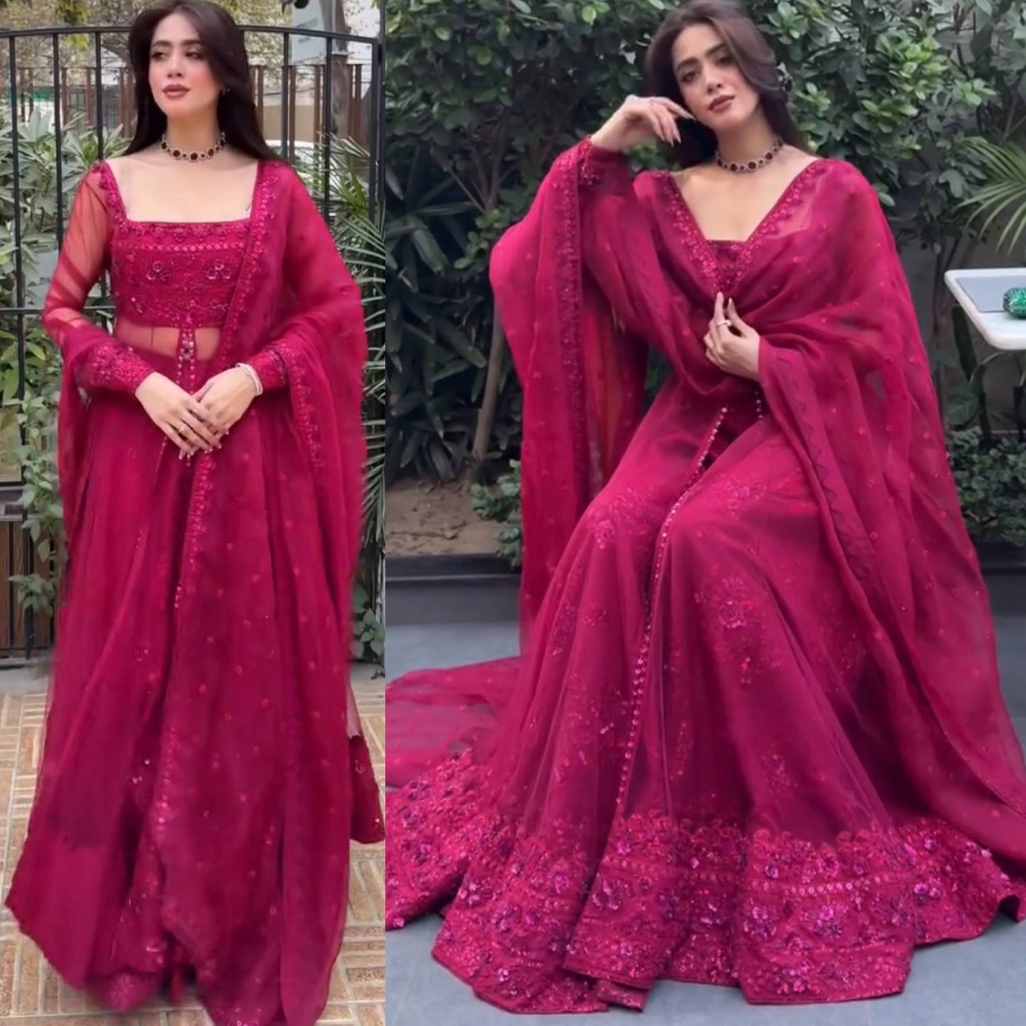 Wine Embroidered Palazzo Set with Dupatta