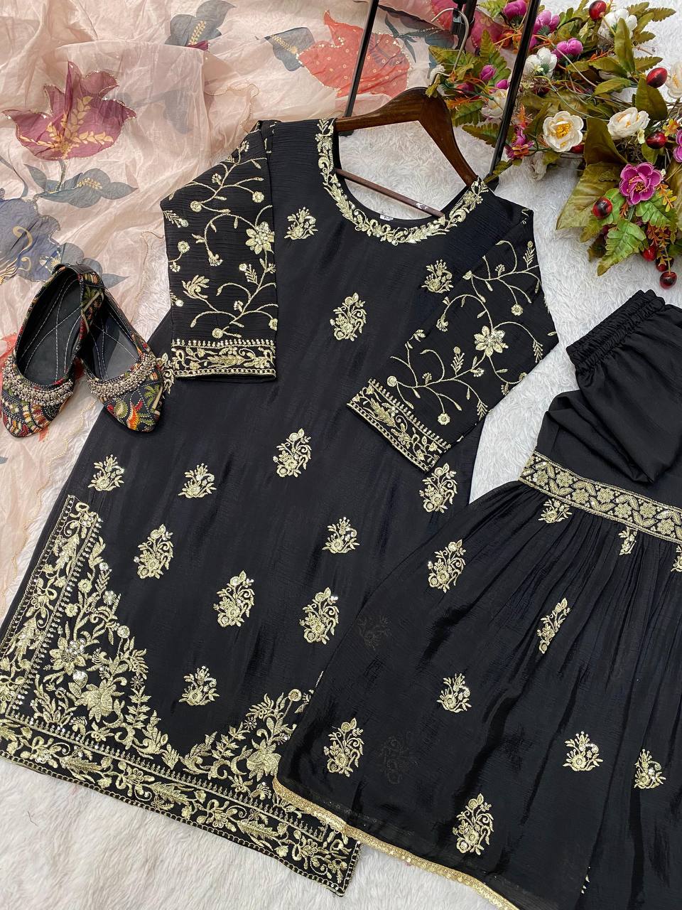 Midnight Bloom Sharara Set with Statement Dupatta