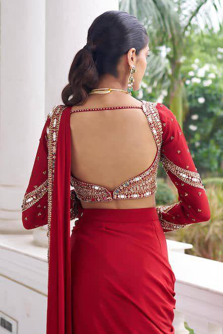 Red Ready to Wear Mirror Work Saree with Designer Blouse