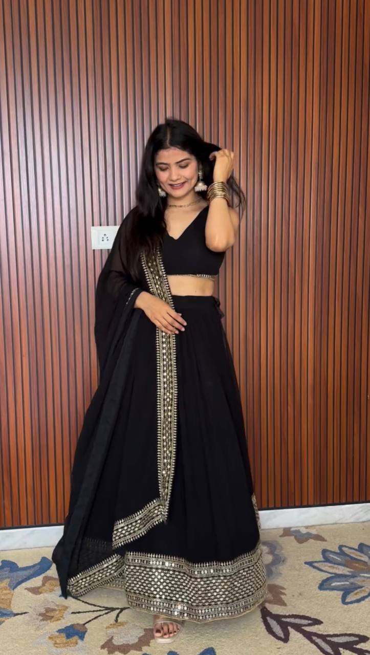 Midnight Black Mirror-Edge Lehenga Set with Statement Border