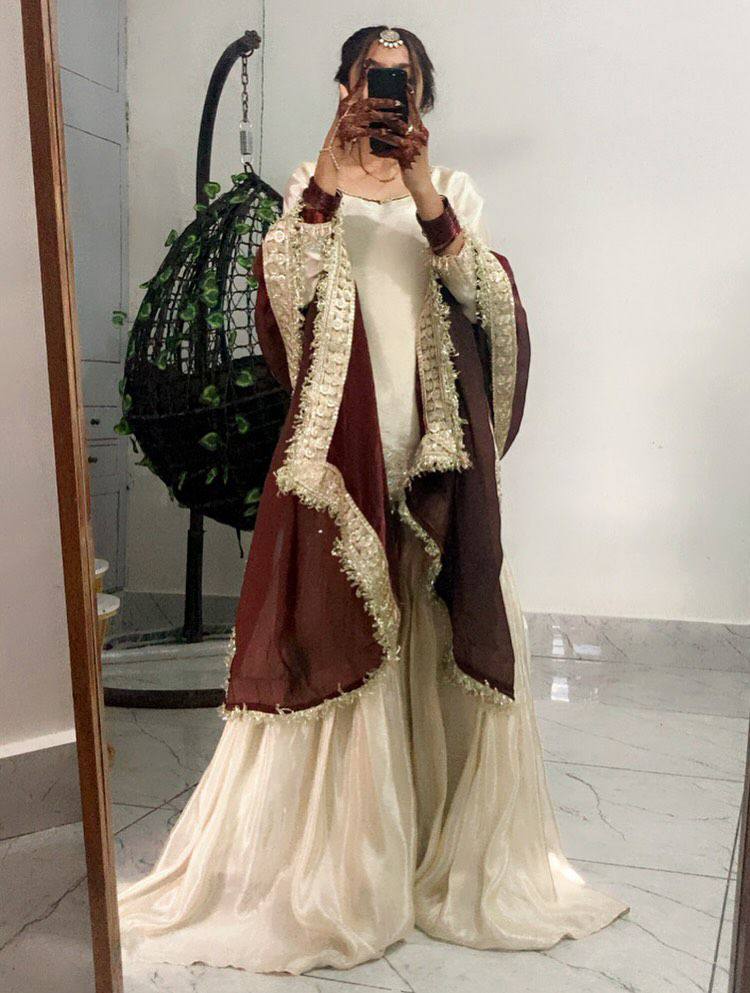 Classic Ivory Sharara Set with Maroon Accents