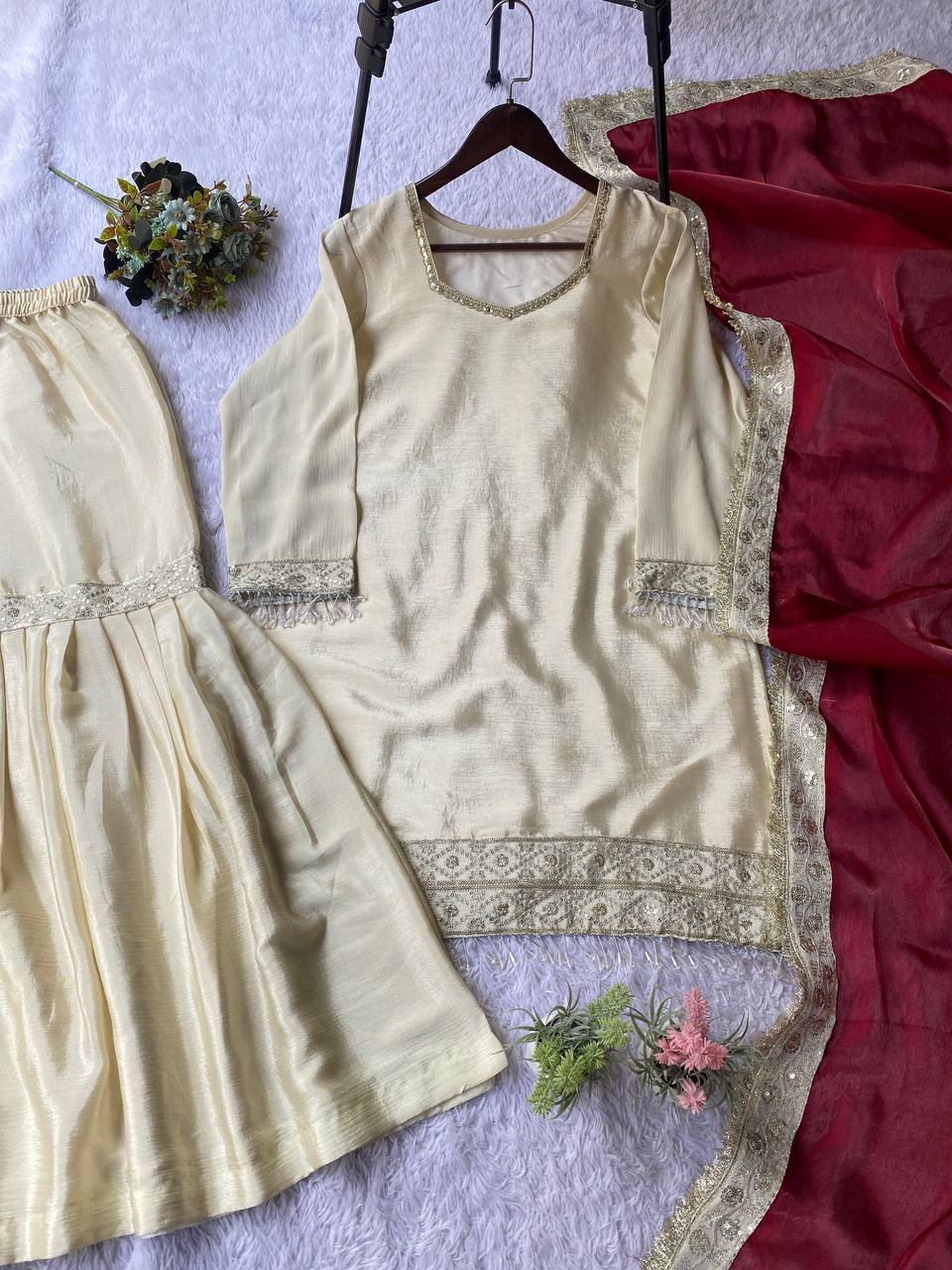Classic Ivory Sharara Set with Maroon Accents