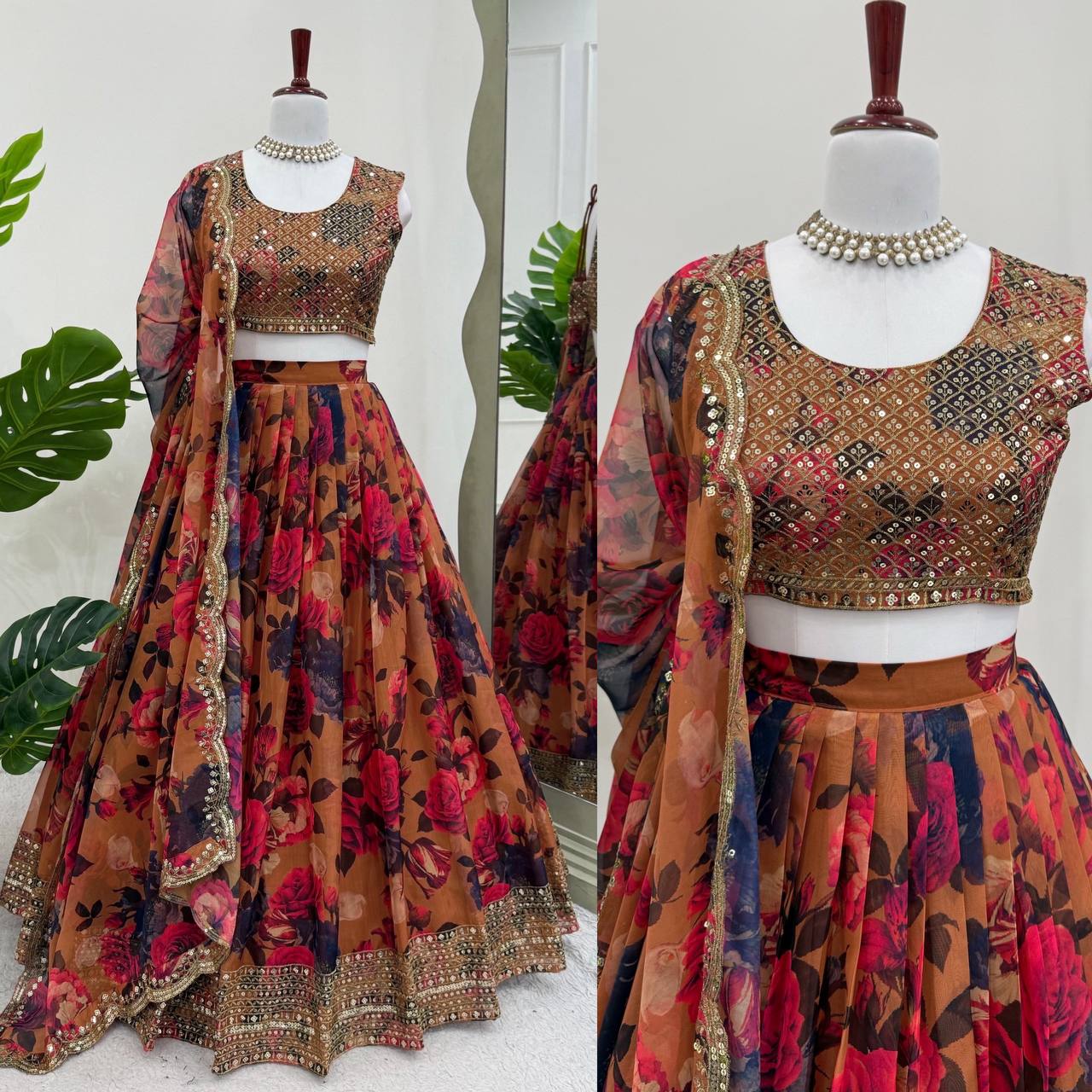 Autumn Bloom Digital Print Lehenga with Statement Organza Drape
