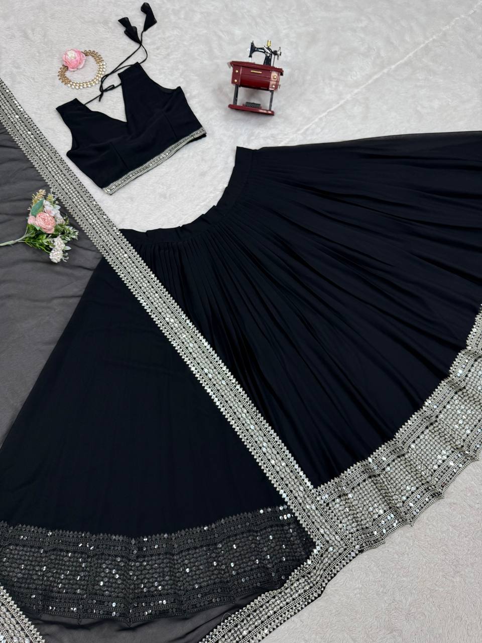 Midnight Black Mirror-Edge Lehenga Set with Statement Border