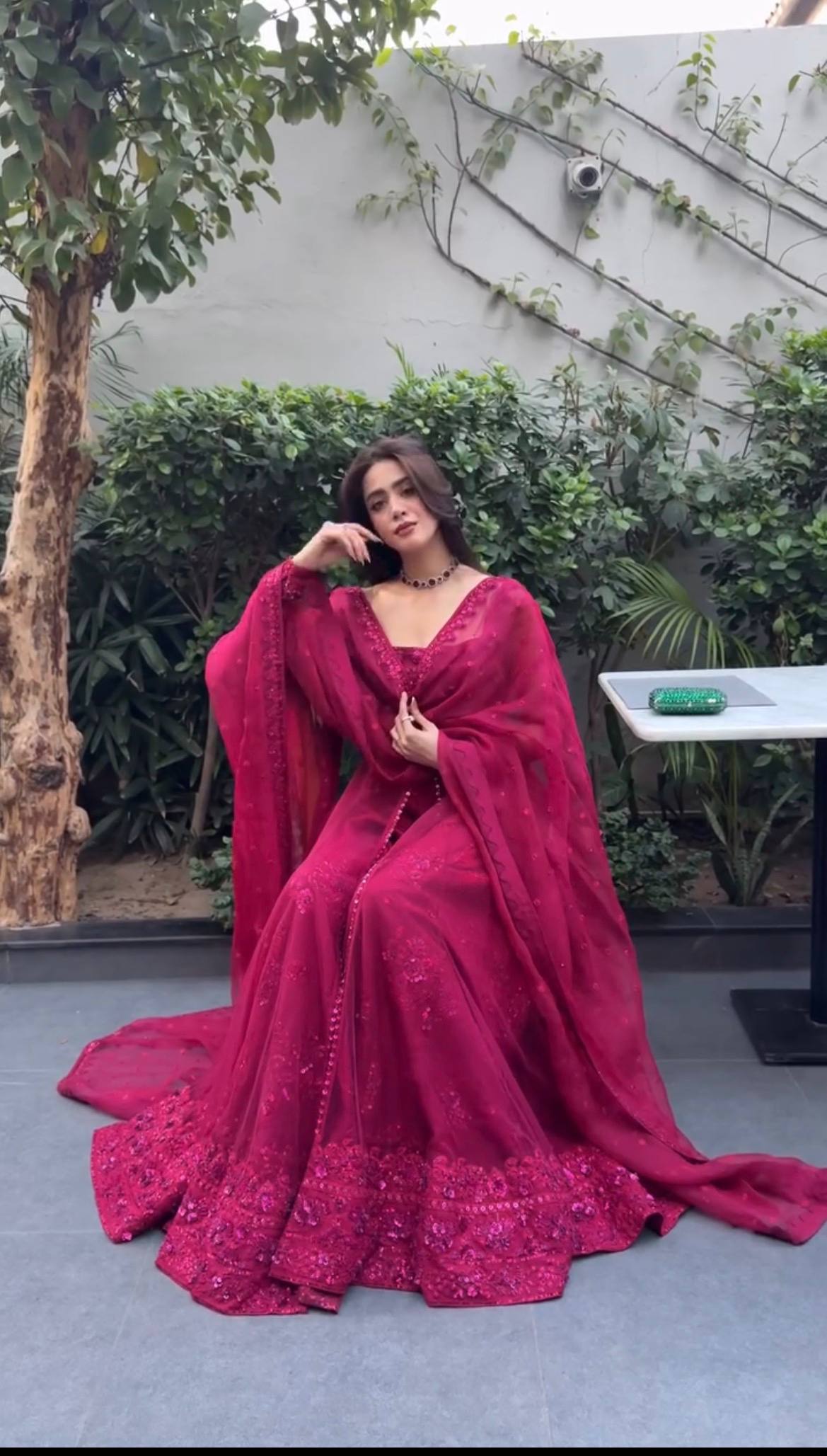 Wine Embroidered Palazzo Set with Dupatta