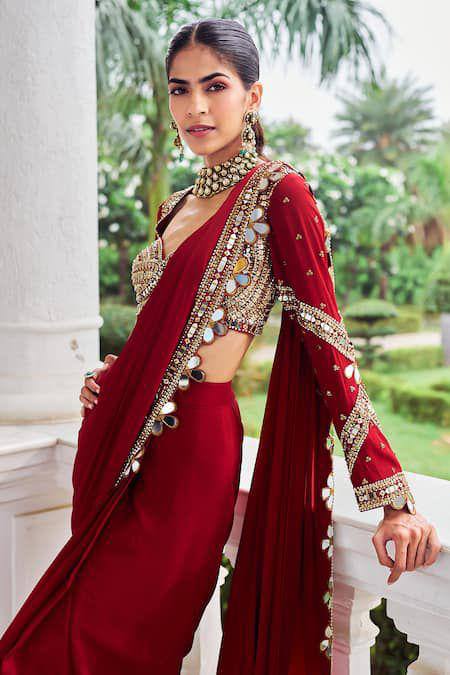 Red Ready to Wear Mirror Work Saree with Designer Blouse