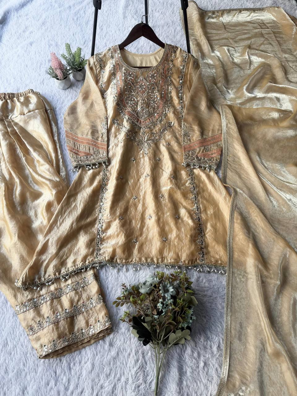 Antique Gold Salwar Set with Heritage-Inspired Sequence Detailing