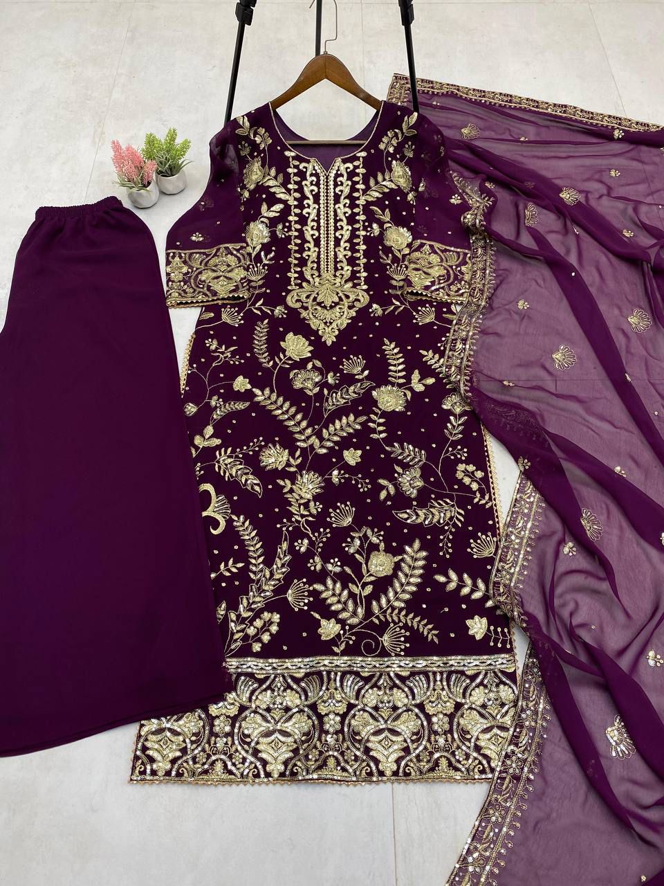 Wine Festive Kurta Palazzo Set with Dupatta
