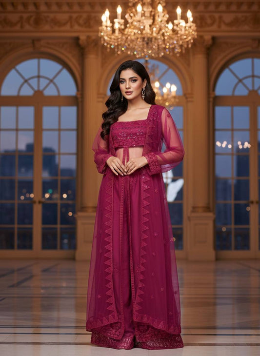 Wine Embroidered Palazzo Set with Dupatta