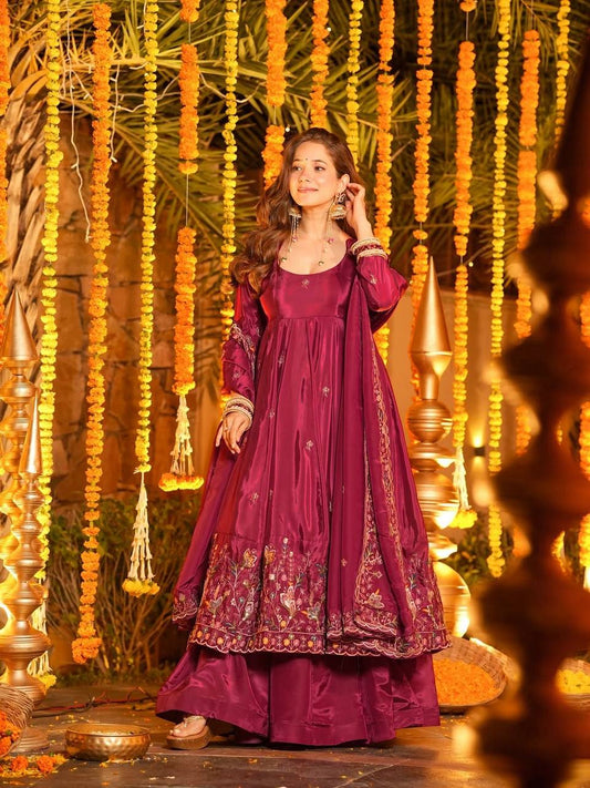 Wine Color Anarkali Kurta with Plazzo and Dupatta