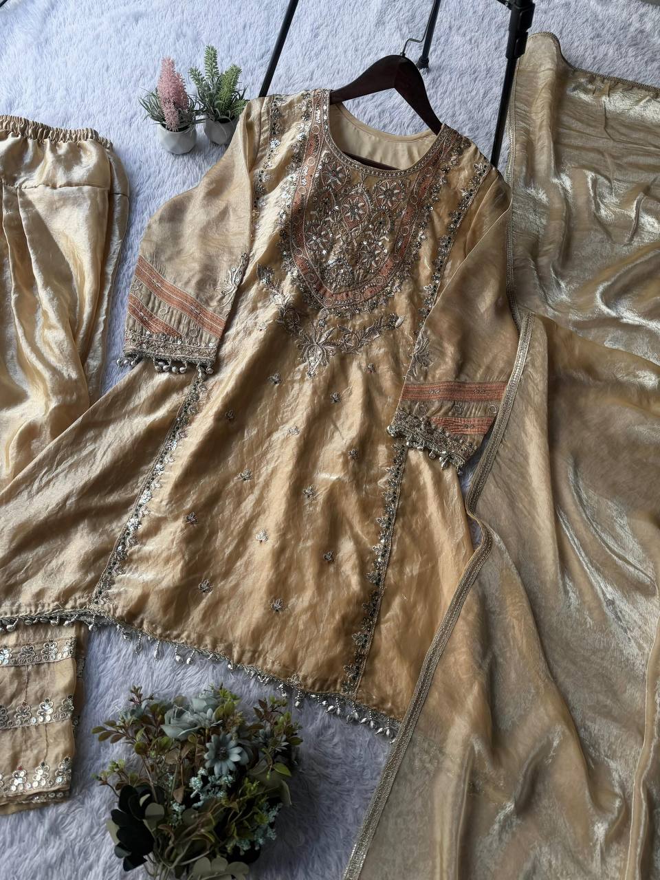 Antique Gold Salwar Set with Heritage-Inspired Sequence Detailing