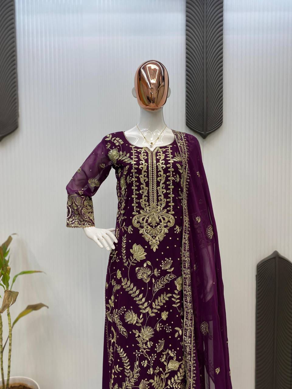 Wine Festive Kurta Palazzo Set with Dupatta
