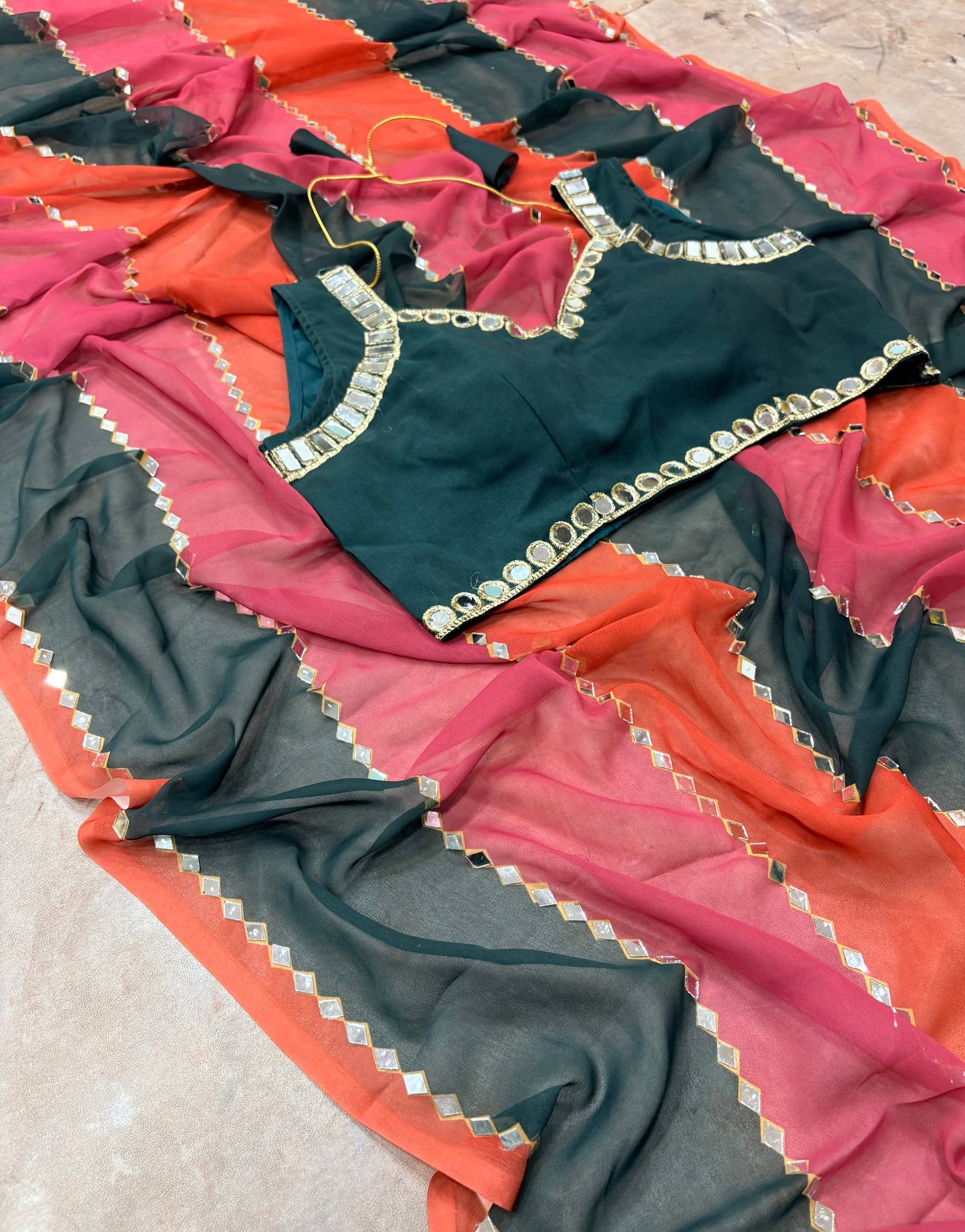 Multicolor Mirror Work Georgette Saree with Blouse