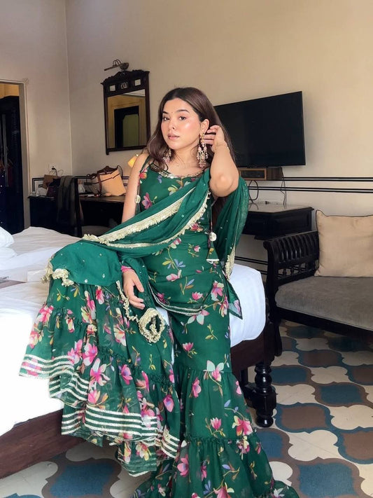 Green Floral Print Sharara Set with Dupatta