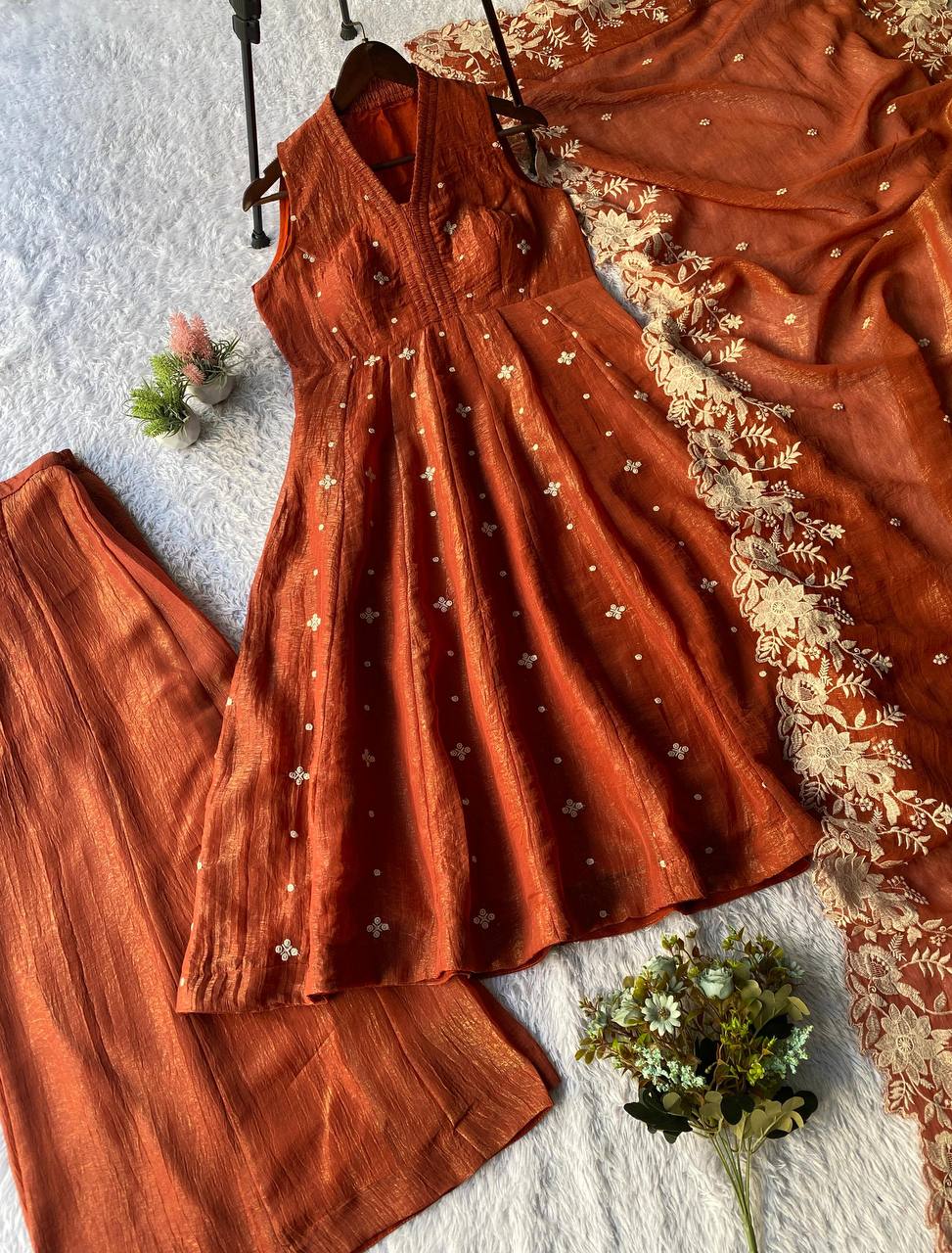 Rust Bloom Flared Kurti Set with Statement Dupatta