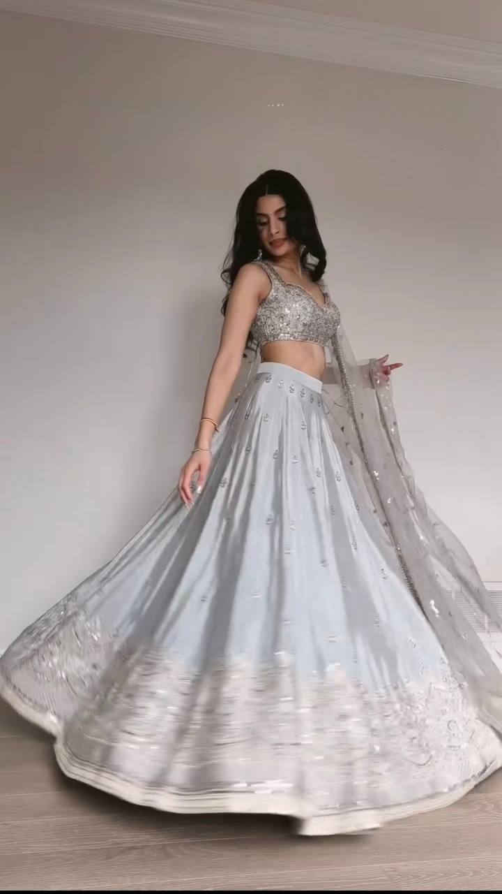 Silver Mist Japan Satin Lehenga Set