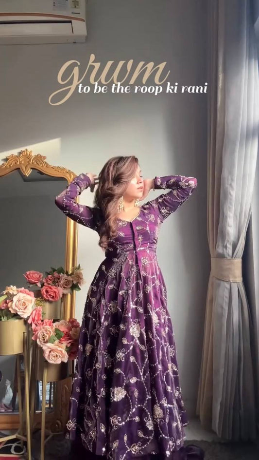 Wine Flared Gown Lehenga Set with Dupatta