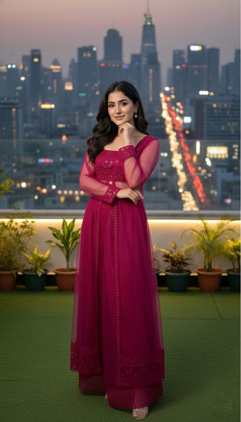 Wine Embroidered Palazzo Set with Dupatta