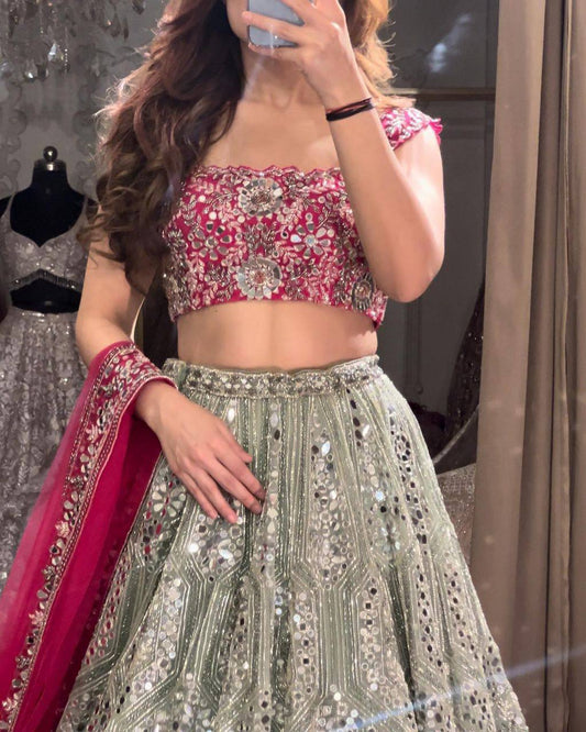 Sage Green Flared Lehenga with Pink Dupatta