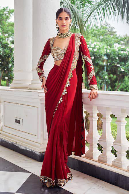 Red Ready to Wear Mirror Work Saree with Designer Blouse