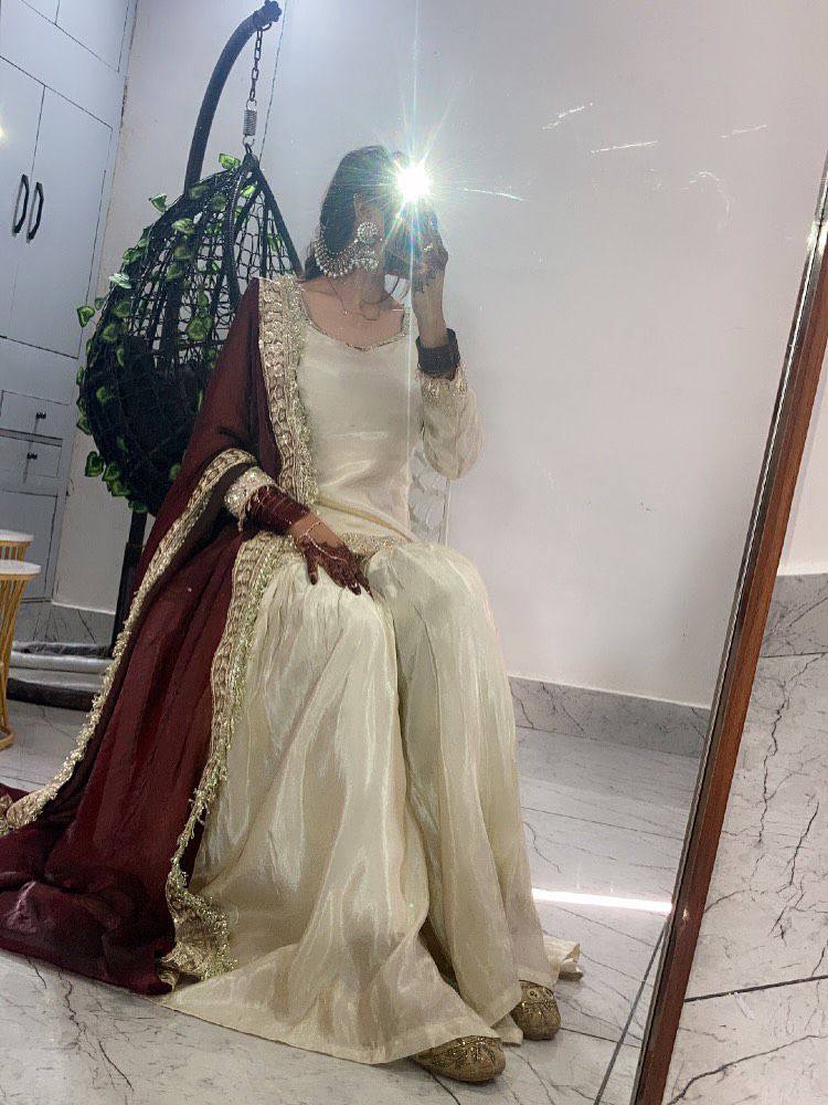 Classic Ivory Sharara Set with Maroon Accents