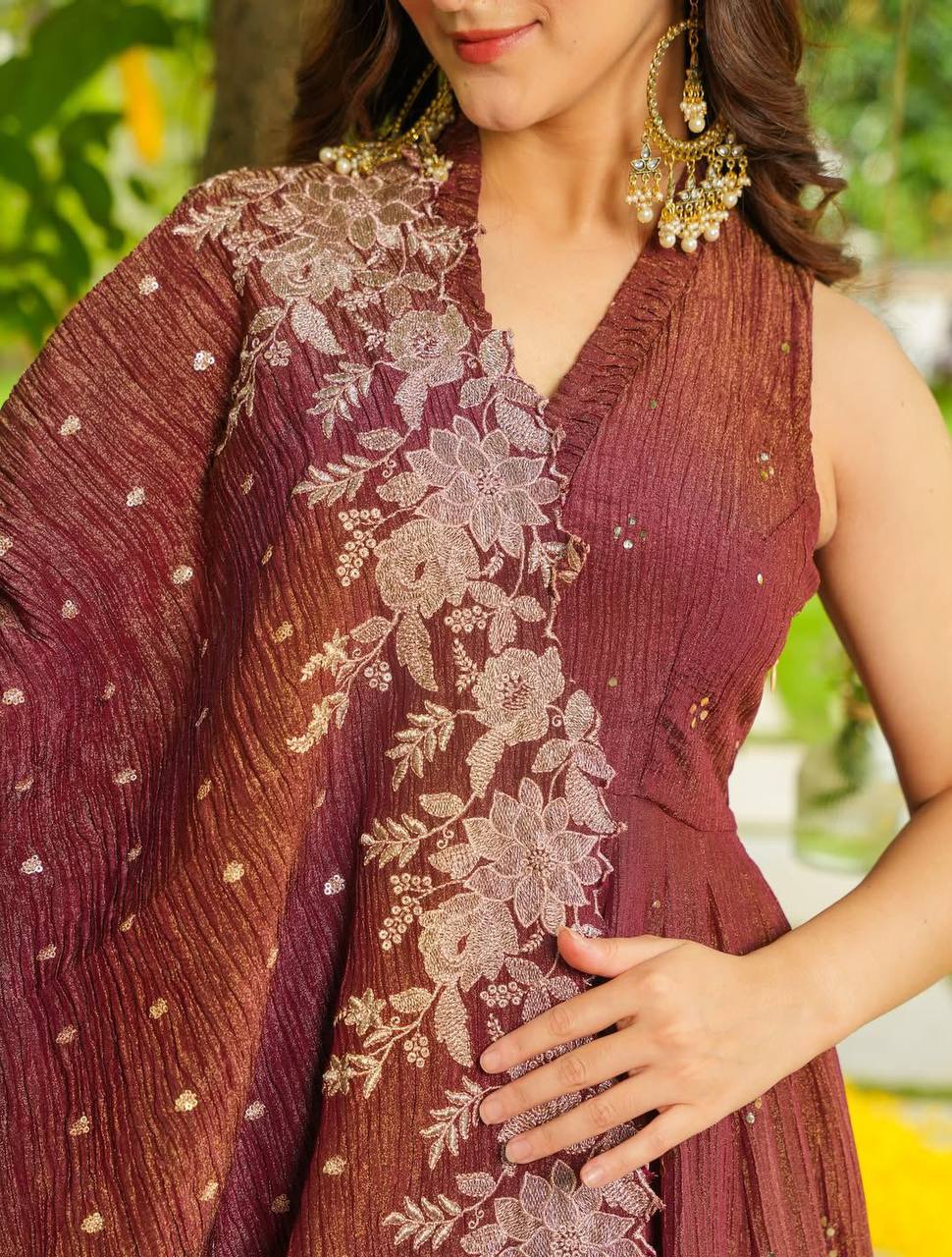 Rust Bloom Flared Kurti Set with Statement Dupatta