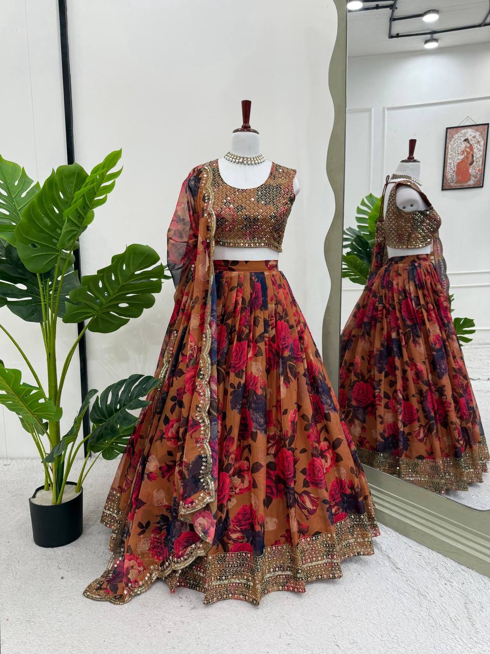 Autumn Bloom Digital Print Lehenga with Statement Organza Drape