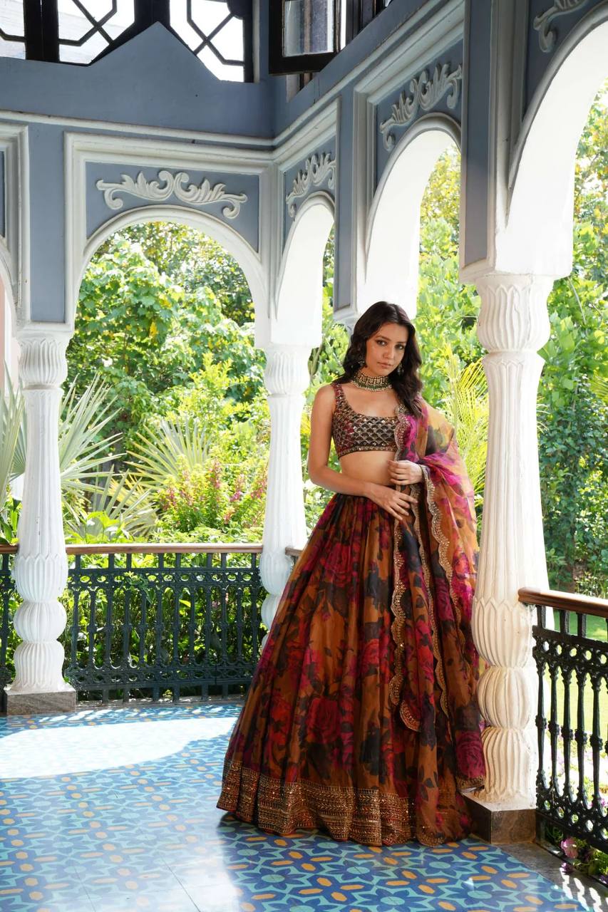 Autumn Bloom Digital Print Lehenga with Statement Organza Drape